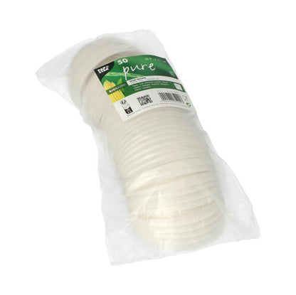 Een stapel van 50 witte PAPSTAR C-PLA ronde deksels (2,1 cm hoog) van PAPSTAR GmbH, overzichtelijk verpakt met recycling- en compostsymbolen, biedt een milieuvriendelijke, biologisch afbreekbare oplossing.