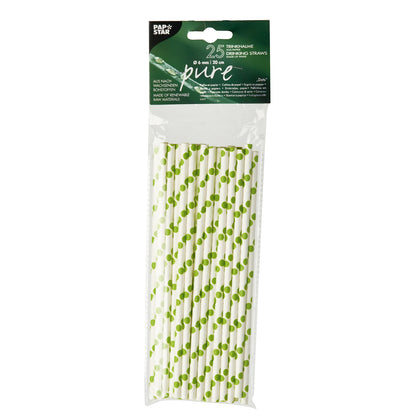 Un emballage en plastique contient 25 pailles en papier PAPSTAR (Ø 6 mm, 20 cm) avec un motif rayé noir et blanc. L'étiquette supérieure porte la marque de la société PAPSTAR GmbH et indique la fabrication écologique à partir de ressources renouvelables.