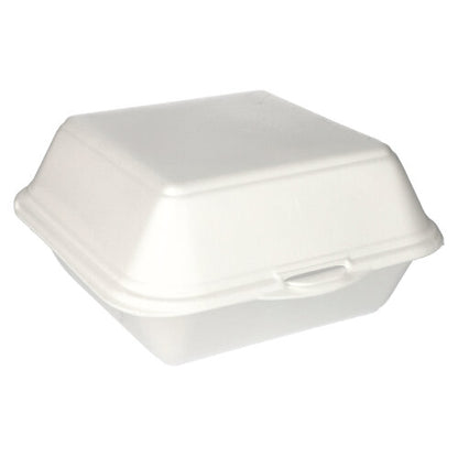 Une boîte fermée Starpak 100 pour hamburger avec couvercle rabattable en XPS blanc laminé (XXL, 11x20x20 cm), montrée sous un angle sur un fond neutre, individuellement.