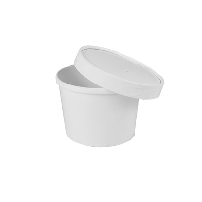 De Starpak 50 soepbeker, karton "To Go" rond wit van Starpak is een eenvoudige, witte voedselcontainer met bijpassend deksel, ideaal voor maaltijden om mee te nemen. Hij is leeg en licht schuin afgebeeld op een witte achtergrond.