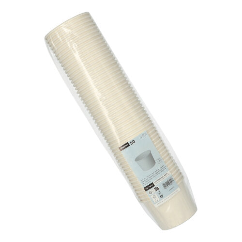 Een stapel van 50 Starpak-soepbekers, karton "To Go" rond wit, gewikkeld in doorzichtig kunststof met een blauw-wit etiket met productdetails.