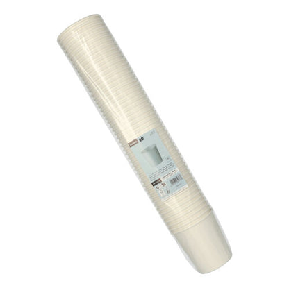 Een verpakking met 50 ronde witte Starpak soepbekers To Go van karton, in plastic gewikkeld en voorzien van een blauw-wit etiket – perfect voor milieuvriendelijk gebruik bij evenementen of om mee te nemen.