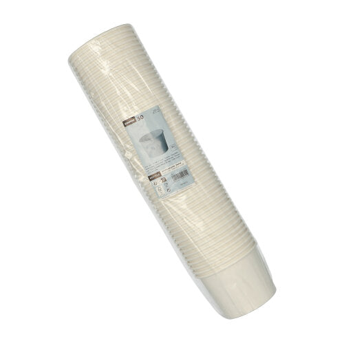 Eine versiegelte Plastikpackung mit 50 runden, weißen Starpak Suppenbechern aus Pappe „To Go“, mit Produktinformationen und einer Becherabbildung auf der Vorderseite, ideal zum Mitnehmen.