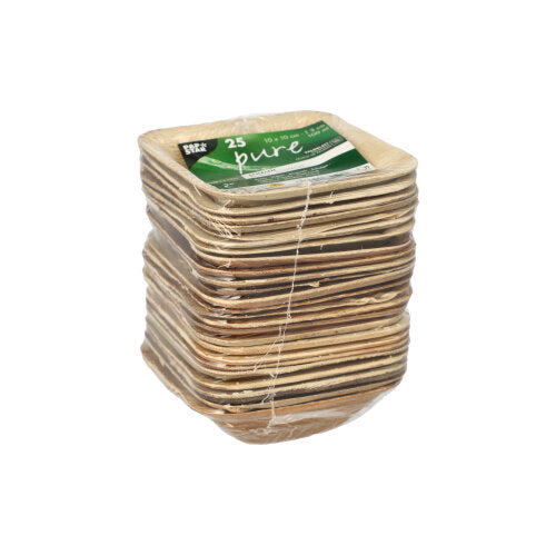 Een 25-pack ronde PAPSTAR palmblad-schalen 'pure' van PAPSTAR GmbH, milieuvriendelijk en ideaal voor duurzame evenementen, verpakt in heldere folie met groen-wit etiket.