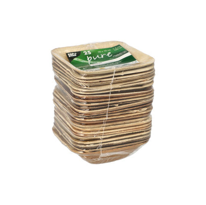 Een 25-pack ronde PAPSTAR palmblad-schalen 'pure' van PAPSTAR GmbH, milieuvriendelijk en ideaal voor duurzame evenementen, verpakt in heldere folie met groen-wit etiket.