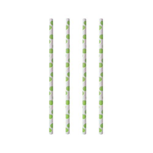 Quatre PAPSTAR 100 pailles en papier de PAPSTAR GmbH avec un motif vert sont disposées verticalement sur un fond blanc - des pailles durables parfaites pour des célébrations écologiques.