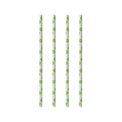 Quatre PAPSTAR 100 pailles en papier de PAPSTAR GmbH avec un motif vert sont disposées verticalement sur un fond blanc - des pailles durables parfaites pour des célébrations écologiques.