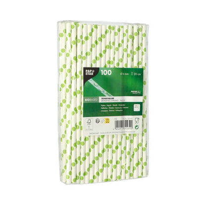 PAPSTAR GmbH PAPSTAR 100 pailles, papier Ø 6 mm : 100 pailles en papier écologiques avec motif à pois verts, emballées individuellement dans un film transparent et une étiquette vert-noir à l'avant.