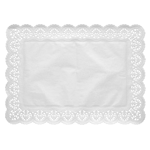 Les 100 papiers de pointe carrés, blancs de la PAPSTAR GmbH sont constitués de napperons rectangulaires, blancs, de style dentelle avec un bord ondulé élaboré et un centre simple, représentés sur un fond blanc.