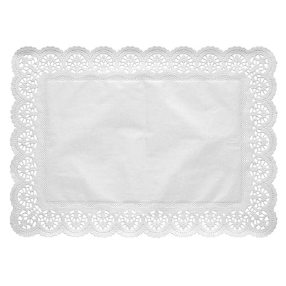 Les 100 papiers de pointe carrés, blancs de la PAPSTAR GmbH sont constitués de napperons rectangulaires, blancs, de style dentelle avec un bord ondulé élaboré et un centre simple, représentés sur un fond blanc.