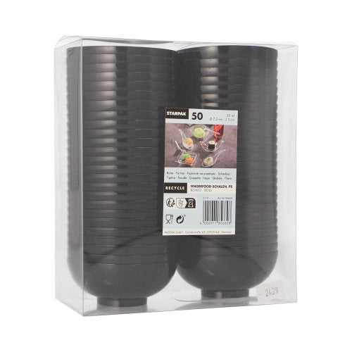 L'emballage transparent contient 50 coupelles noires PAPSTAR PS pour fingerfood de la PAPSTAR GmbH, empilées en deux rangées avec une étiquette frontale et des symboles de recyclage – idéales pour les fêtes et événements.
