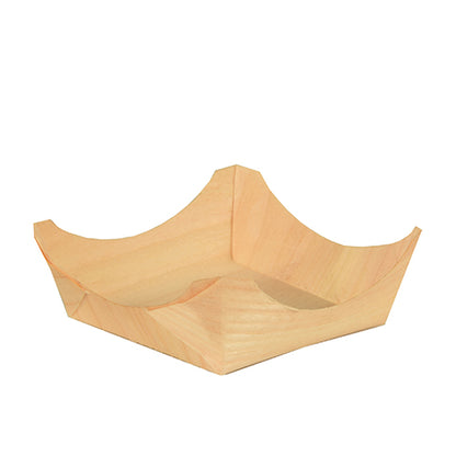 Un petit plateau rond et vide en bois "pure" PAPSTAR 50 bols à fingerfood de la PAPSTAR GmbH avec des côtés relevés et inclinés et une apparence élégante, photographié sur un fond blanc simple.