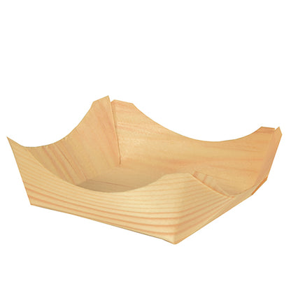 Les 50 bols à fingerfood en bois "pure" ronds de la PAPSTAR GmbH se distinguent par leur grain de bois élégant et leurs bords incurvés et surélevés et sont illustrés vides sur un fond blanc.