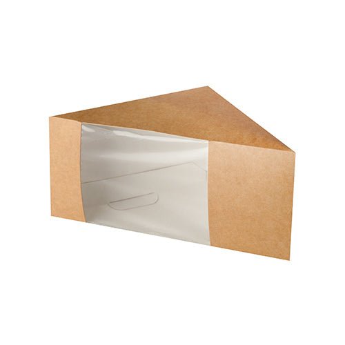 Les boîtes à sandwich PAPSTAR avec fenêtre transparente (brun, 12,3 cm, en PLA) de PAPSTAR GmbH sont écologiques, triangulaires et présentées vides sur fond blanc. Contenu : 50 pièces.