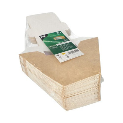 Un paquet de 50 boîtes à sandwich PAPSTAR avec fenêtre transparente, brun, en PLA (12,3 cm) de PAPSTAR GmbH - boîtes brunes écologiques en emballage transparent avec étiquette vert-blanc ; parfait pour le stockage durable des aliments.