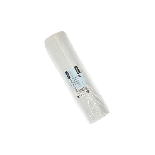 Devant un fond blanc, un rouleau de couvercles Starpak 50 pour gobelets à portion, PP rond Ø 4,6 cm transparent (film, 50 pièces) est présenté avec une étiquette bleu-blanc au milieu.
