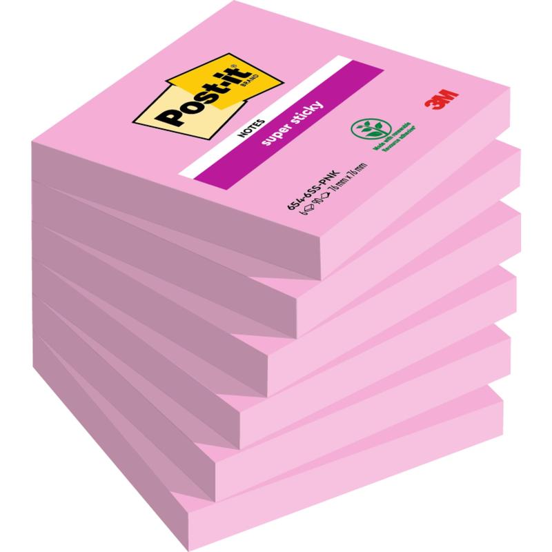 Een stapel van zeven roze Post-it® Super Sticky Notes blokken (76 mm x 76 mm, elk 90 vel, 100% PEFC) van 3M Deutschland GmbH.