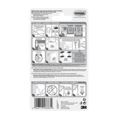Op de achterkant van de Command™ Beeld-Montage Strips L 17206, Wit van 3M Deutschland GmbH vindt u een stapsgewijze handleiding voor toepassing en verwijdering, meertalige informatie, een streepjescode, productdetails en de logo's van 3M en Command.