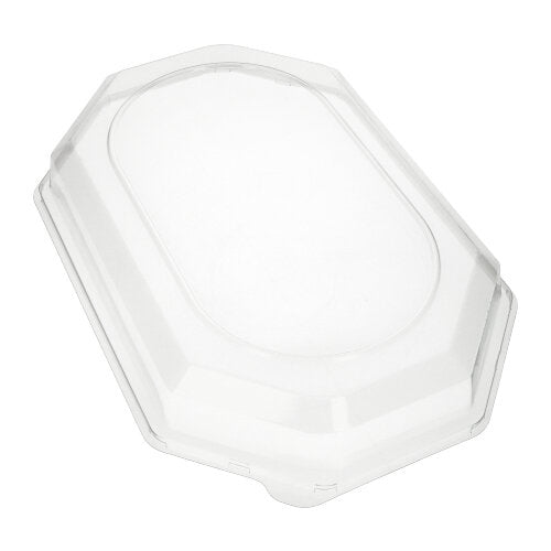 Le couvercle Starpak 10 pour plateaux de service, PET transparent, est un couvercle en plastique ovale transparent avec un bord surélevé de Starpak. Il est idéal pour conserver la fraîcheur des aliments dans des contenants appropriés et est illustré sur un fond blanc.