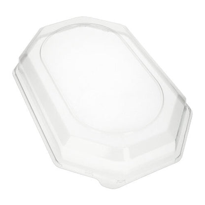 Le couvercle Starpak 10 pour plateaux de service, PET transparent, est un couvercle en plastique ovale transparent avec un bord surélevé de Starpak. Il est idéal pour conserver la fraîcheur des aliments dans des contenants appropriés et est illustré sur un fond blanc.