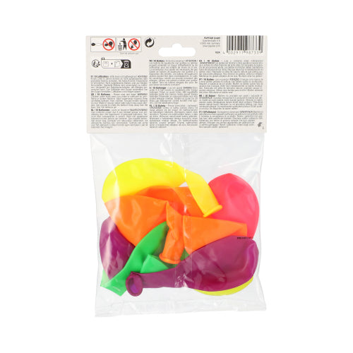 Le sac en plastique transparent de la PAPSTAR GmbH contient dix ballons assortis en couleurs (Ø 25 cm) en jaune, orange, rose, violet et vert. En haut se trouve l'étiquette blanche PAPSTAR avec texte et symboles. Matériau de haute qualité pour un plaisir de jeu durable.
