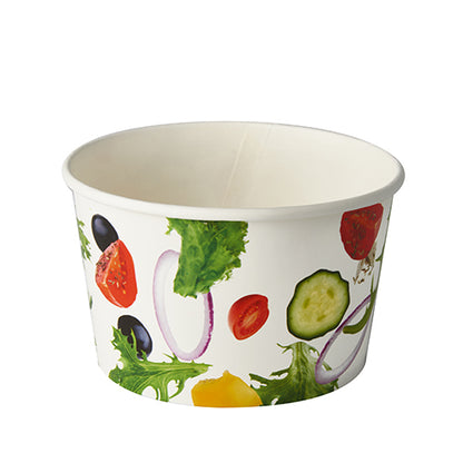 Les bols à salade en carton Starpak 50 "To Go" (600 ml, Ø 12,5 cm x 7,5 cm) sont imprimés à l'extérieur avec des motifs colorés de légumes. Cet ensemble contient 50 bols en carton robustes, parfaits pour les salades à emporter. Le bol est illustré vide sur un fond blanc.