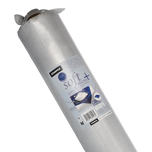 Un rouleau de nappe Starpak, semblable à du tissu, Vlies "soft selection plus" est présenté debout avec un emballage contenant des informations sur le produit et une image de table - idéal comme nappe durable et polyvalente ou Vlies.