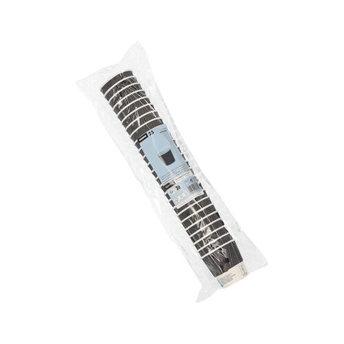 Un pack Starpak 25 gobelet noir et blanc, carton "To Go" Ripple Wall, enroulé dans du plastique transparent avec une étiquette Starpak bleu-blanc attachée.