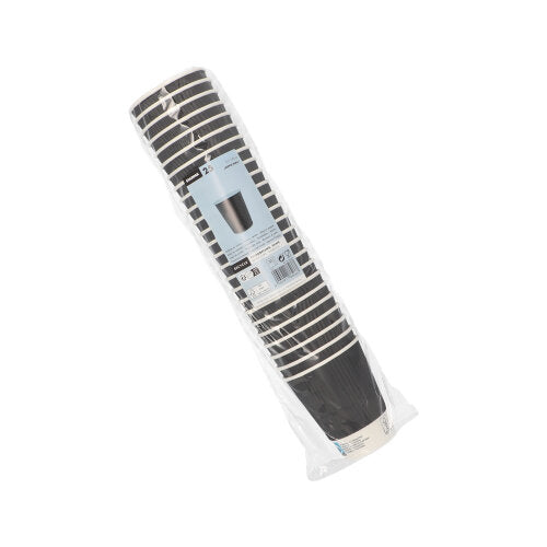 Un emballage plastique scellé avec 25 gobelets Starpak "To Go" Ripple Wall en papier noir avec un bord blanc montre à l'avant des informations sur le produit et une image des gobelets.