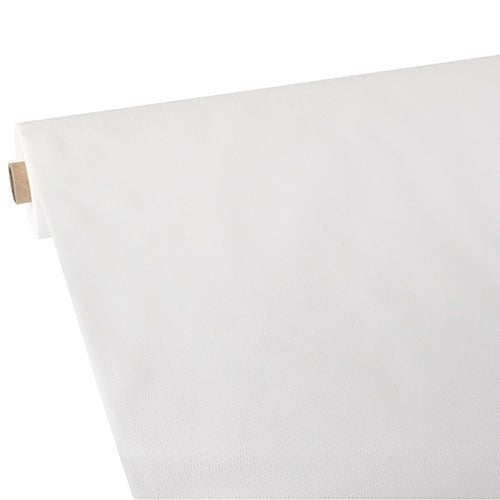 Un rouleau de nappe Starpak partiellement déroulé, semblable à du tissu, non-tissé "soft selection plus" montre sa surface blanche lisse et propre et un noyau en tube de carton à une extrémité.