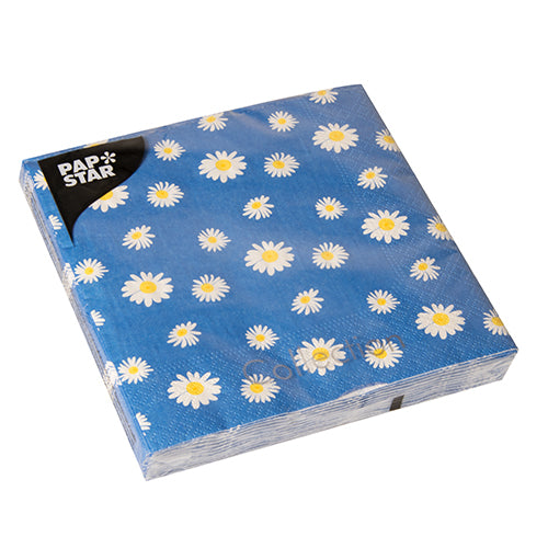 Een verpakking met 20 PAPSTAR servetten van PAPSTAR GmbH, 33 x 33 cm, 3-laags, met witte margrieten en gele kernen op blauw. Boven links staat "Pap Star" in wit op zwart.
