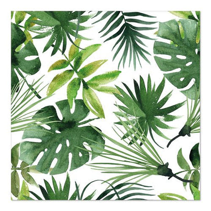 Les PAPSTAR GmbH 20 serviettes, 33 cm x 33 cm, 3 plis 1/4 pli Design Set 3 présentent un fond blanc sans couture avec des feuilles tropicales vertes superposées de différentes formes et nuances.