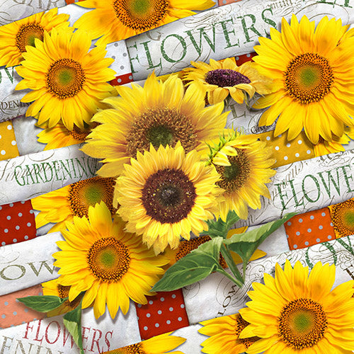 Des tournesols jaunes lumineux avec des bandes de tissu à pois et textuelles ornent les PAPSTAR 20 serviettes, 33 cm x 33 cm, 3 plis, design Set 1 de PAPSTAR GmbH - parfait pour une décoration de table élégante.