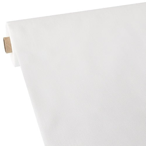 Un rouleau de nappe Starpak, semblable à du tissu, non-tissé "soft selection plus" est partiellement déroulé pour montrer sa texture, enroulé autour d'un manchon en carton brun et placé devant un fond blanc.