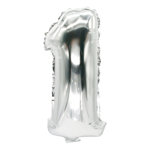 De PAPSTAR folieballon (35 x 20 cm) in zilver van de PAPSTAR GmbH, gevormd als cijfer één en gefotografeerd tegen een witte achtergrond – ideaal als elegante decoratie voor elke speciale gelegenheid.