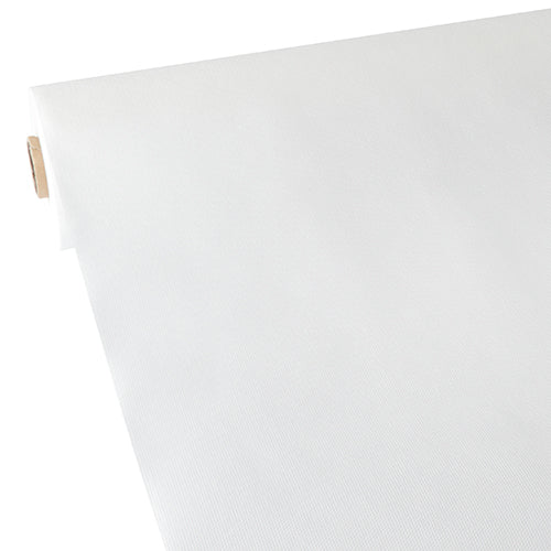 La nappe Starpak, en non-tissé semblable à du tissu « soft selection » (40 m x 1,18 m) en blanc est partiellement déroulée, montrée avec sa structure lisse et légère et le noyau en carton visible.