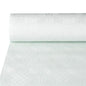 Een rol PAPSTAR GmbH papieren tafellaken met damastpatroon, wit, 50 m lang (1 rol) wordt gedeeltelijk afgerold op een oppervlak en toont zijn fijne schaakbordpatroon.