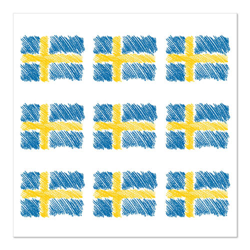 Neuf drapeaux suédois dessinés à la main dans une grille 3x3 sur fond blanc, chacun avec une croix jaune sur bleu et une texture esquissée. Idéal pour le design Set 1 de 20 serviettes de PAPSTAR GmbH, 33x33 cm, 3 plis, 1/4 pli.