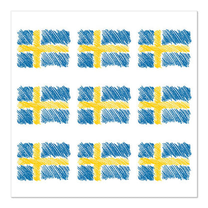 Neuf drapeaux suédois dessinés à la main dans une grille 3x3 sur fond blanc, chacun avec une croix jaune sur bleu et une texture esquissée. Idéal pour le design Set 1 de 20 serviettes de PAPSTAR GmbH, 33x33 cm, 3 plis, 1/4 pli.
