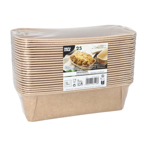 Een stapel PAPSTAR 25 bakvormen "pure" rechthoekig bruin van de PAPSTAR GmbH, verpakt in transparante folie. Het etiket toont productdetails en een afbeelding van de bakwaren.