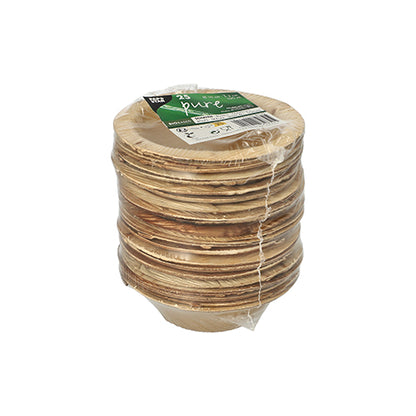 25 ronde palmblad-schalen van het merk PAPSTAR GmbH, serie "pure", in milieuvriendelijke heldere verpakking met groen-wit etiket – perfect voor duurzame evenementen.