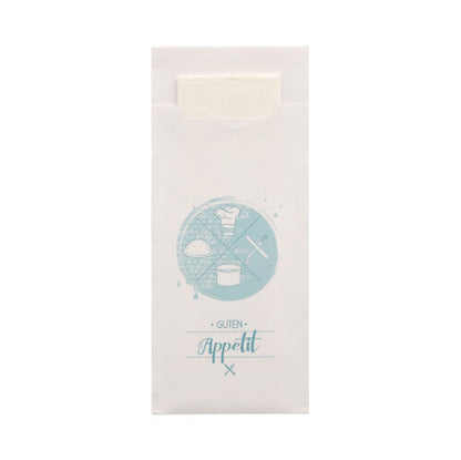 De 520 bestekzakjes (20 x 8,5 cm) van PAPSTAR GmbH worden geleverd met een bijpassend 2-laags servet (33 x 33 cm). De witte hoes is voorzien van een lichtblauw, cirkelvormig motief met voedsel en bestek en de tekst „Eet smakelijk“, waarbij het servet aan de binnenkant gedeeltelijk zichtbaar is.