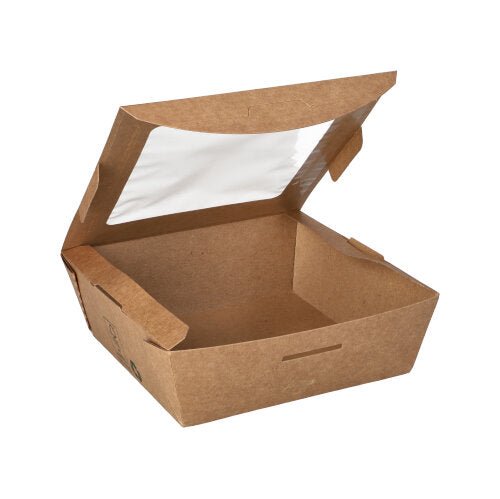 Een bruine, rechthoekige PAPSTAR fijnkostbox rechthoekige voedselcontainer (650 ml) met helder zichtvenster, gedeeltelijk geopende scharnierdeksel, afgebeeld op een witte achtergrond. "100% Fair" | 40 stuks | Merk: PAPSTAR GmbH.