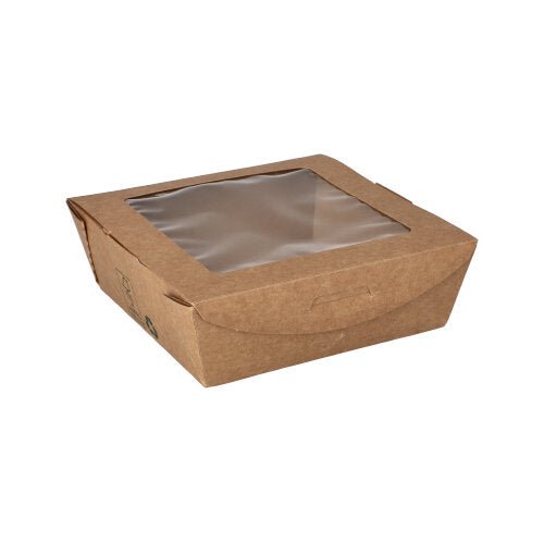 De PAPSTAR fijnkostbox rechthoekig, bruin met zichtvenster, 650 ml, "100% Fair" (40 stuks) van milieuvriendelijke folie van PAPSTAR GmbH zijn ideaal als wegwerpverpakking en presenteren zich op een witte achtergrond.