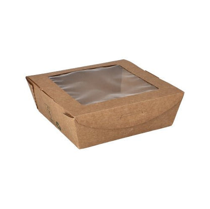De PAPSTAR fijnkostbox rechthoekig, bruin met zichtvenster, 650 ml, "100% Fair" (40 stuks) van milieuvriendelijke folie van PAPSTAR GmbH zijn ideaal als wegwerpverpakking en presenteren zich op een witte achtergrond.