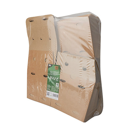 Un paquet de 50 boîtes à frites PAPSTAR en carton brun « pur » avec l'étiquette « 100% équitable », emballé dans un film transparent. Fabriqué de manière écologique par la société PAPSTAR GmbH pour un choix durable.