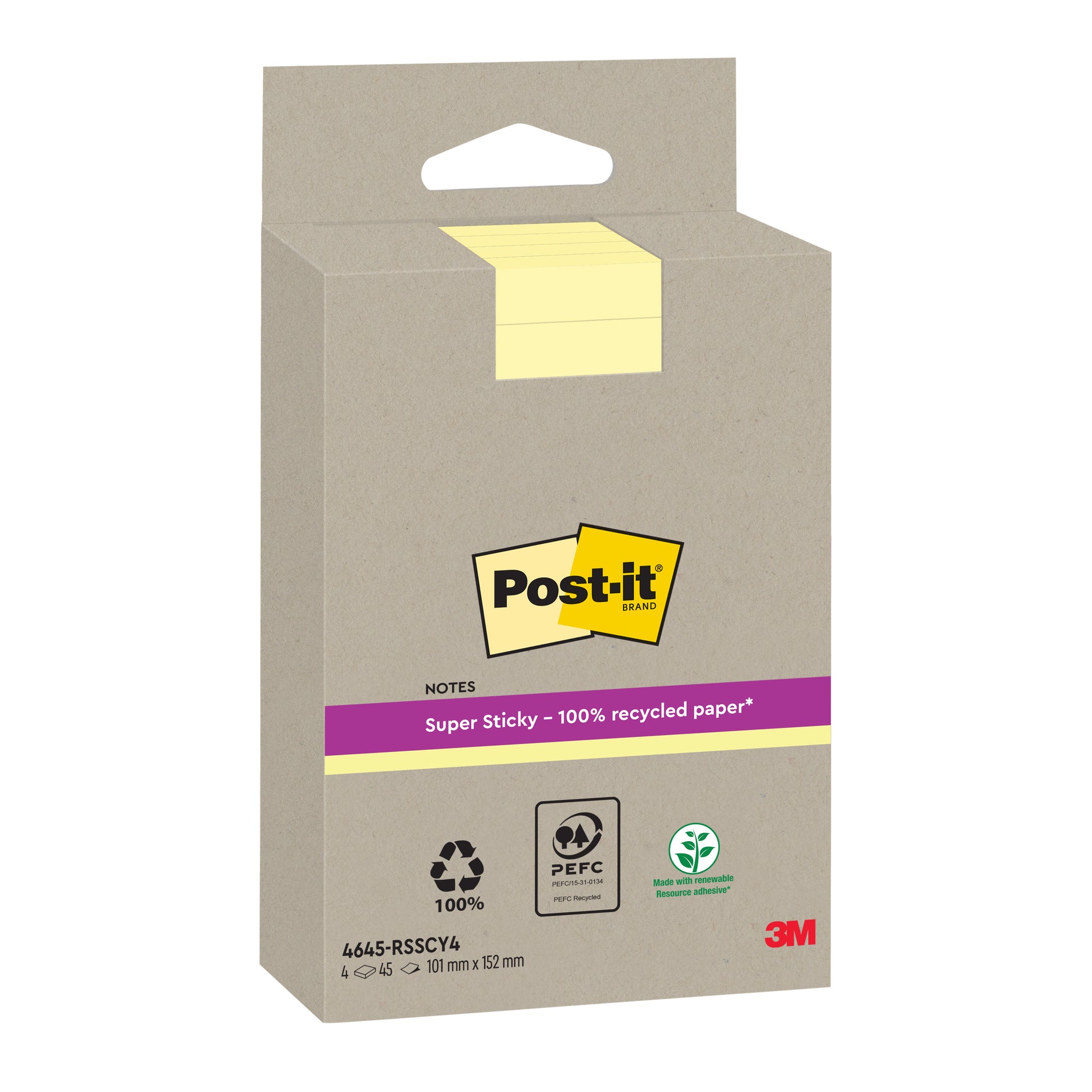 Eine Packung 3M Post-it® Super Sticky 100% Recycling Notes, gelb, liniert, 102 x 152 mm, 45 Blatt/Block, 4 Blöcke pro Packung, mit PEFC-Zertifikat (SGSCH-PEFC-COC-110078) - nachhaltige Haftnotizen von 3M Deutschland GmbH.