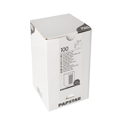 In een witte rechthoekige doos met het opschrift "PAPSTAR" bevinden zich 100 2-laags servetten "PUNTO" (20x20 cm, 1/4 vouw) van de PAPSTAR GmbH, met productdetails en een afbeelding van een servet aan de zijkant bedrukt, gefotografeerd voor een witte achtergrond.