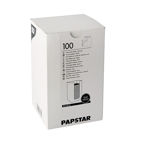 Een witte doos met het opschrift "PAPSTAR 100 servetten, 2-laags 'PUNTO' 1/4-vouw 20 cm x 20 cm" van de PAPSTAR GmbH bevat tissue-servetten met productinformatie, een PUNTO-designlogo en een op de doos afgedrukt openheidsdiagram.