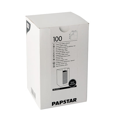 Een witte doos met het opschrift "PAPSTAR 100 servetten, 2-laags 'PUNTO' 1/4-vouw 20 cm x 20 cm" van de PAPSTAR GmbH bevat tissue-servetten met productinformatie, een PUNTO-designlogo en een op de doos afgedrukt openheidsdiagram.